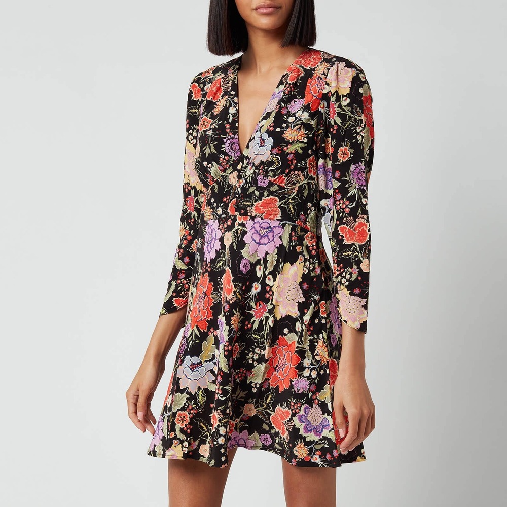 RIXO Jules Mini Dress XS Black Floral V-Neck Ruched Lightweight Chic Sexy Flowy